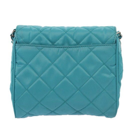 Luxury Prada Chain Shoulder Bag Nylon Turquoise Blue Silver 86958