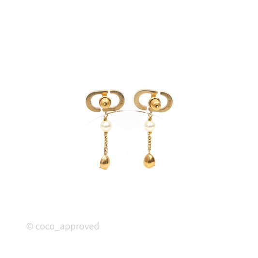 Christian Dior Pearl Crystal CD Drop Earrings Gold Tone