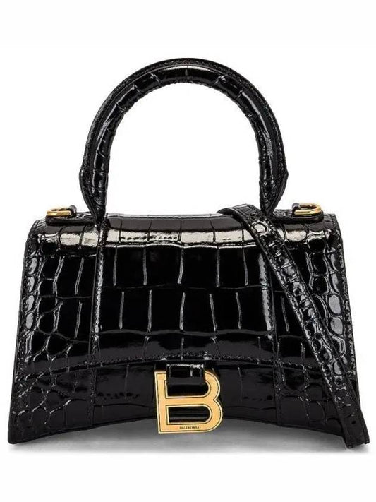 Luxury Balenciaga Hourglass Crocodile Embossed Leather XS Tote Bag Black