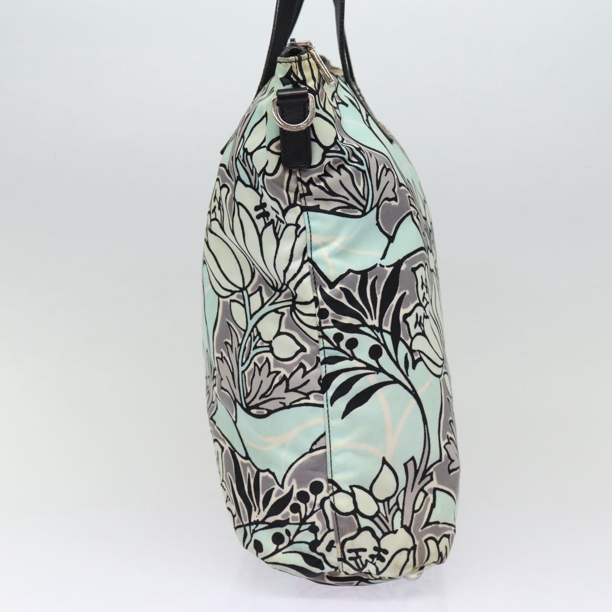 Luxury Prada Flower Tote Bag Nylon 2way Light Blue Black Silver 88092