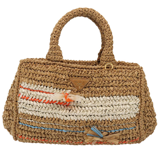 Luxury Prada Canapa Hand Bag Raffia 2way Beige Gold 88099