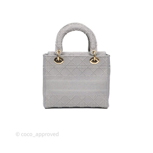 Dior Medium Lady D-Lite Bag Gray Cannage Embroidery Gold Hardware