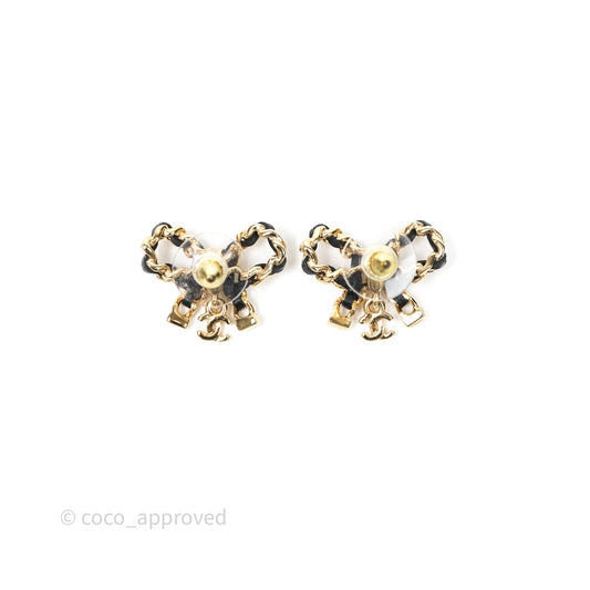 Chanel Lambskin Chain Bow Stud Earrings Black Gold Tone 24V