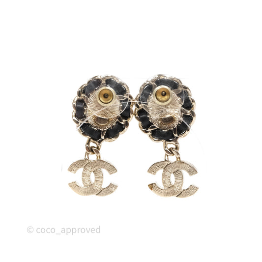 Chanel Oval Pearl Braided Black Leather Drop Crystal CC Earrings Gold Tone 21B
