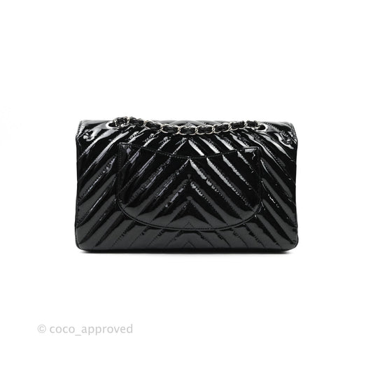Chanel Classic Chevron M/L Medium Double Flap Black Patent Silver Hardware