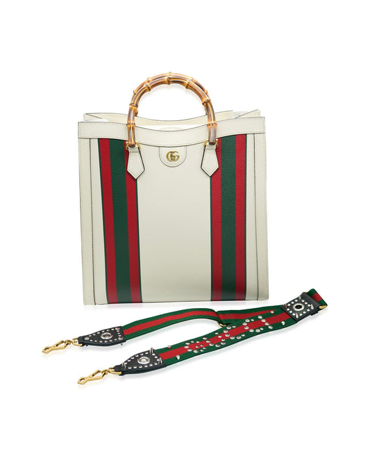 Luxury Gucci Trending 2025 White Textured Dollar Calfskin Web Large Diana Tote