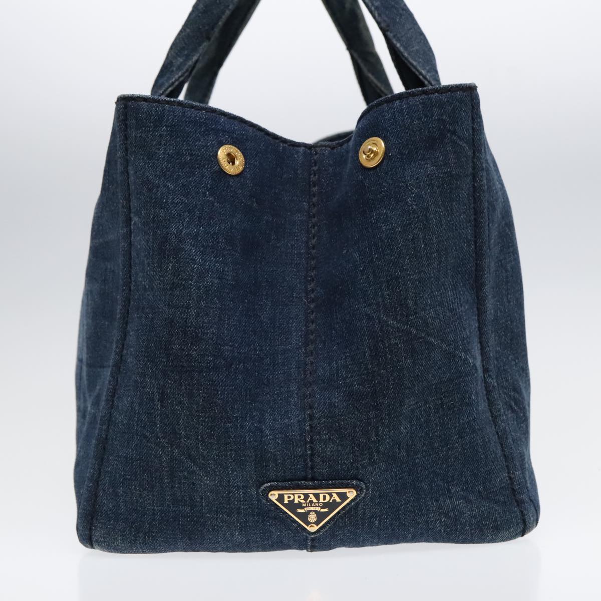 Luxury Prada Canapa MM Hand Bag Denim Blue Gold 90567