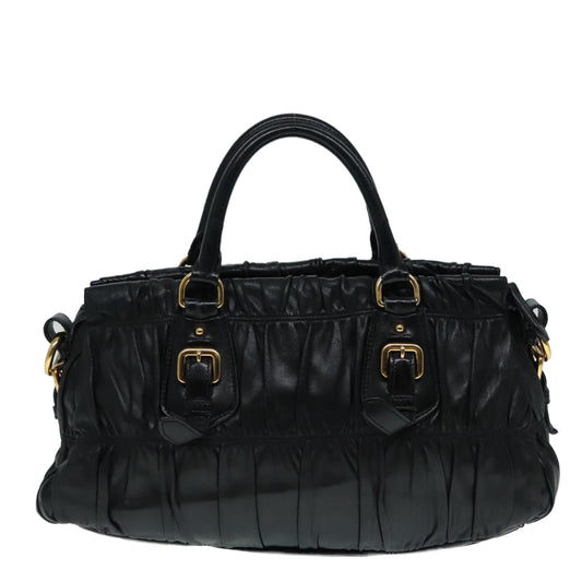 Luxury Prada Gathered Hand Bag Leather Black Gold 90639