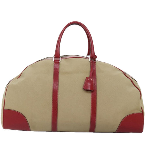 Luxury Prada Boston Bag Canvas Leather Beige Red Silver 91240