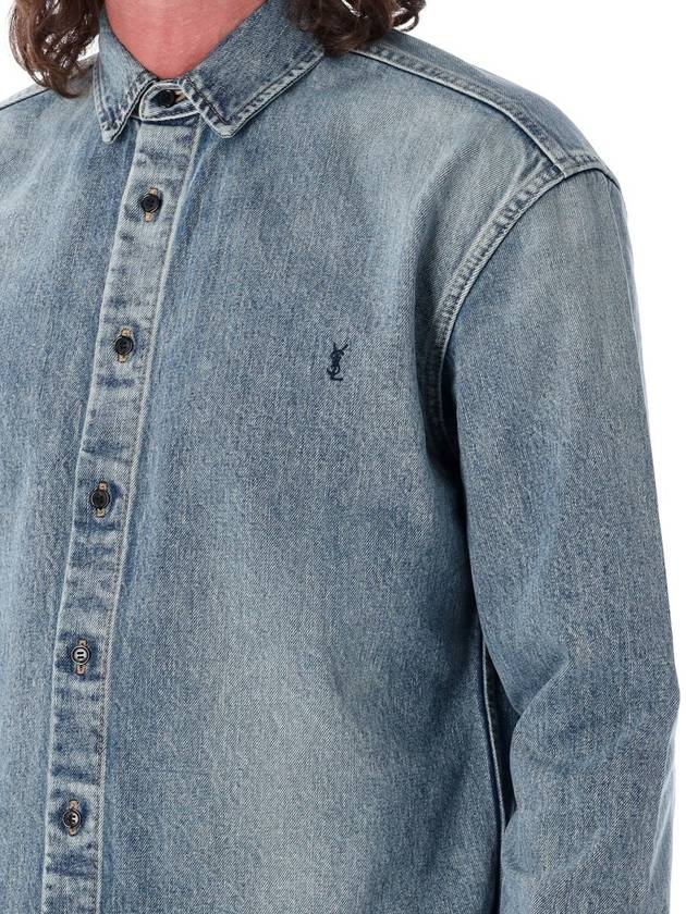 Luxury Saint Laurent Men's Cassandre Logo Denim Long Sleeve Shirt Blue