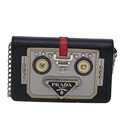 Luxury Prada Chain Shoulder Bag Safiano leather Black Silver 91725