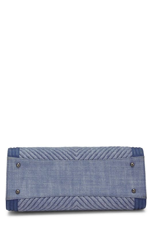 Chanel, Blue Denim Chevron Boy Shopping Tote Large, Blue