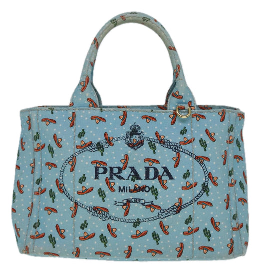 Luxury Prada Canapa PM Hand Bag Canvas 2way Light Blue Gold 92123