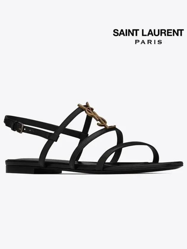 Luxury Saint Laurent Women's Smooth Leather Gold Tone Monogram Detail Cassandra Flat Sandals Black