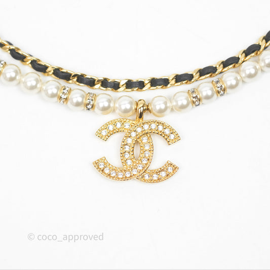 Chanel CC Pearl Crystals Double Necklace Gold Tone 24K