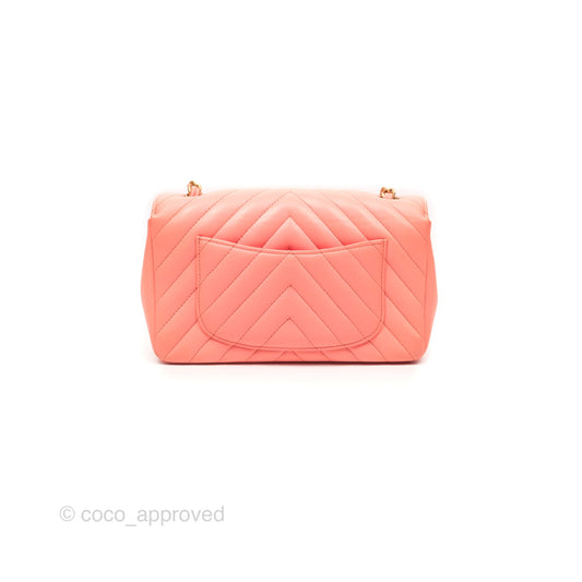Chanel Chevron Mini Rectangular Flap Peach Pink Lambskin Aged Gold Hardware
