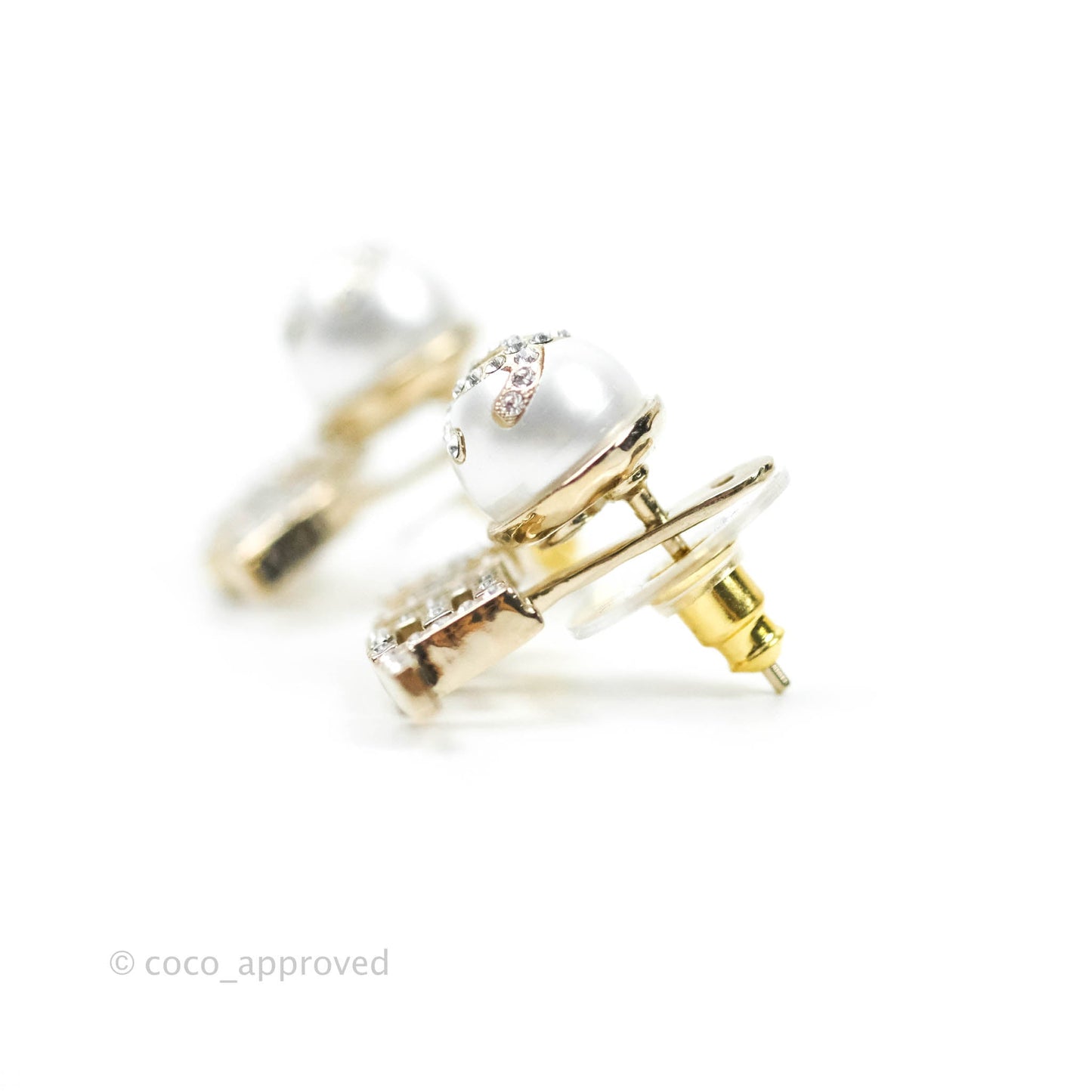 Chanel CC Pearl Rhinestone Earrings Gold Tone 21A