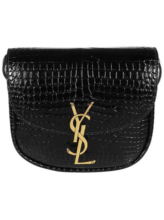 Luxury Saint Laurent Kaia Shiny Crocodile-Embossed Leather Small Shoulder Bag Black