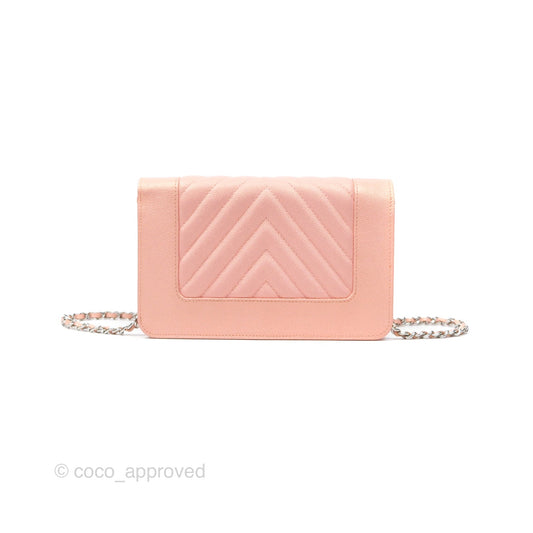Chanel Mademoiselle Wallet On Chain WOC Chevron Iridescent Pink Caviar Silver Hardware