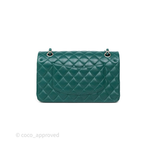 Chanel Medium Classic Flap Quilted Dark Green Lambskin Silver Hardware