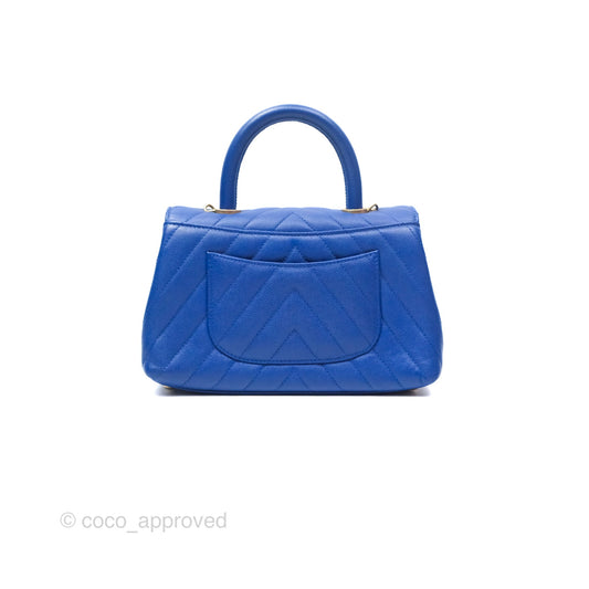 Chanel Small Coco Handle Chevron Blue Caviar Aged Gold Hardware
