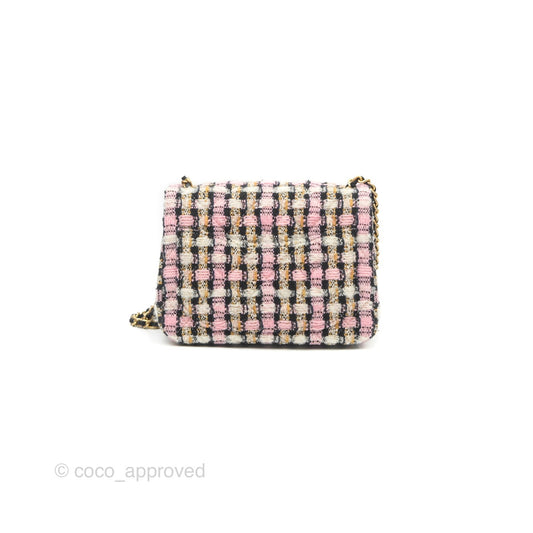 Chanel Pearl Crush Mini Square Quilted Pink Tweed Aged Gold Hardware