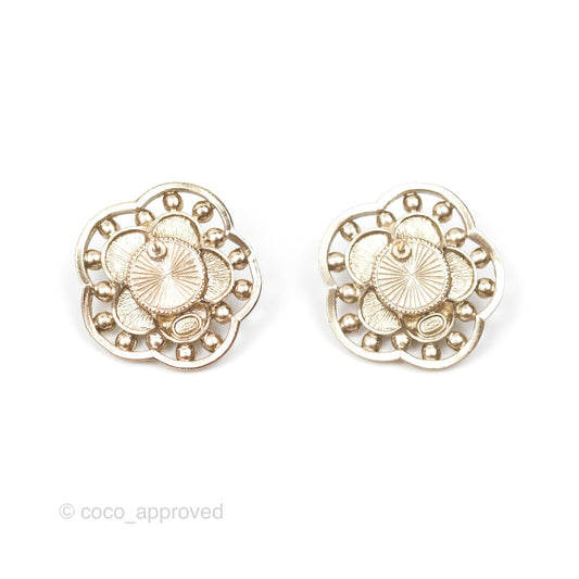 Chanel Crystal Pearl CC Flower Earrings Gold Tone 21B