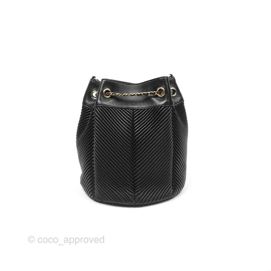Chanel CC Chain Drawstring Bucket Bag Chevron Black Lambskin Gold Hardware