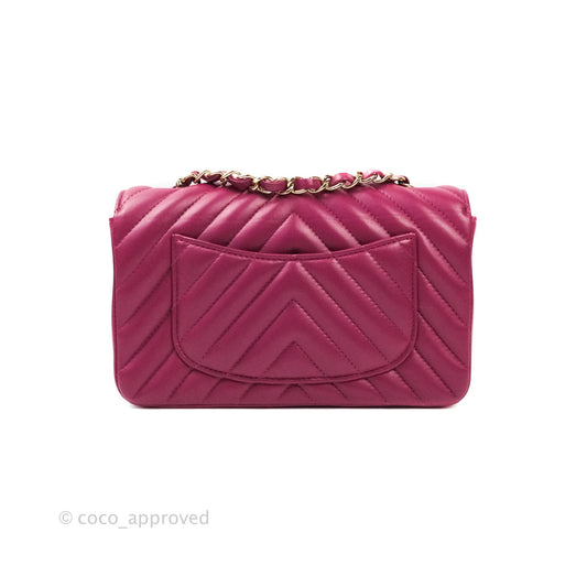 Chanel Chevron Mini Rectangular Lambskin Flap Dark Pink Gold Hardware