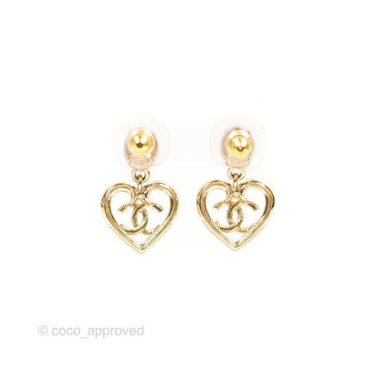 Chanel Crystal CC Heart Drop Earrings Gold Tone 23C