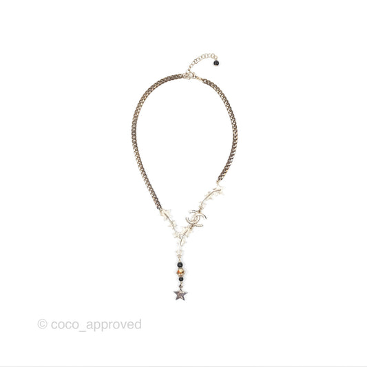 Chanel Crystal CC Star Drop Necklace Gold Tone 21S