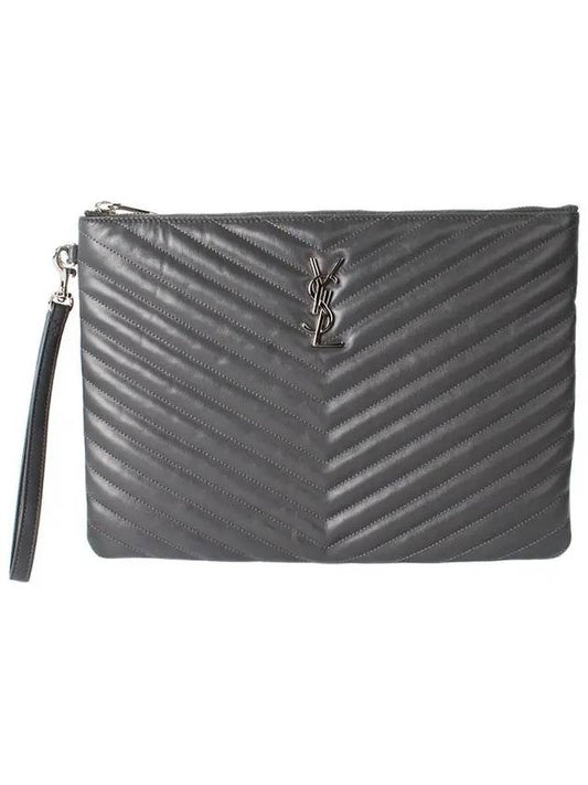 Luxury Saint Laurent Monogram Cassandre Matelasse Silver Leather Clutch Bag Grey