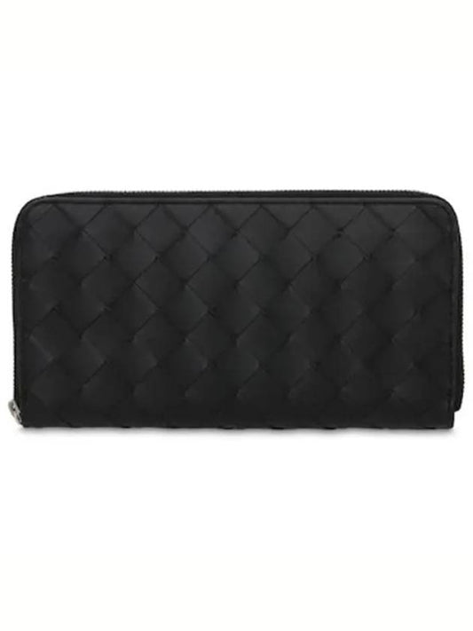 Luxury Bottega Veneta Interciato Leather Zipper Around Long Wallet Black