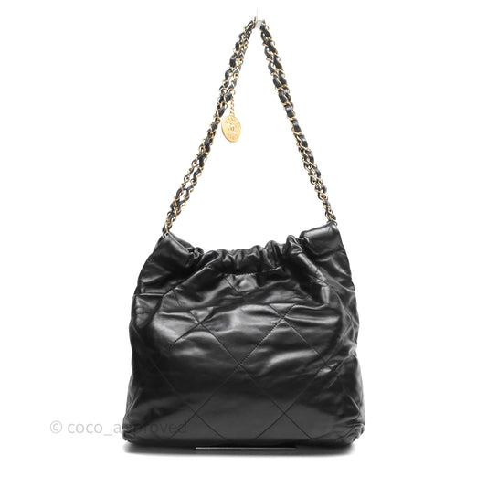 Chanel 22 Bag Small Black Shiny Calfskin Aged Gold Hardware