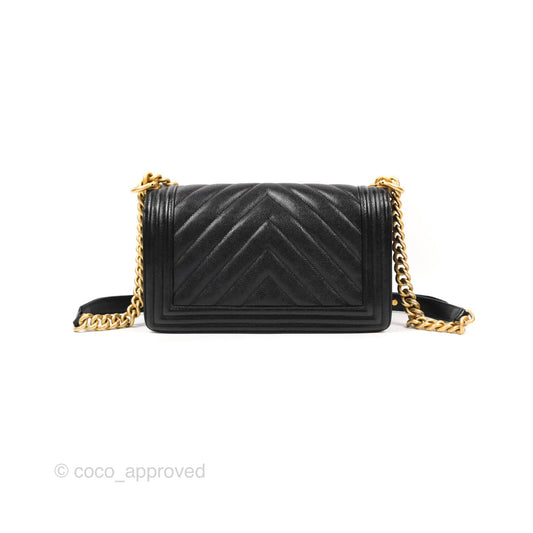 Chanel Chevron Medium Boy Black Caviar Aged Gold Hardware
