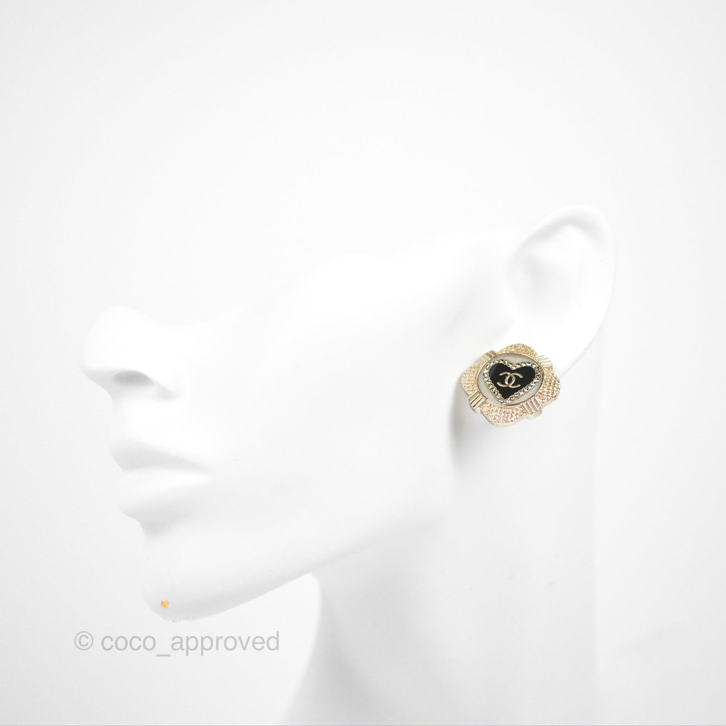 Chanel CC Heart Black Earrings Gold Tone 22V