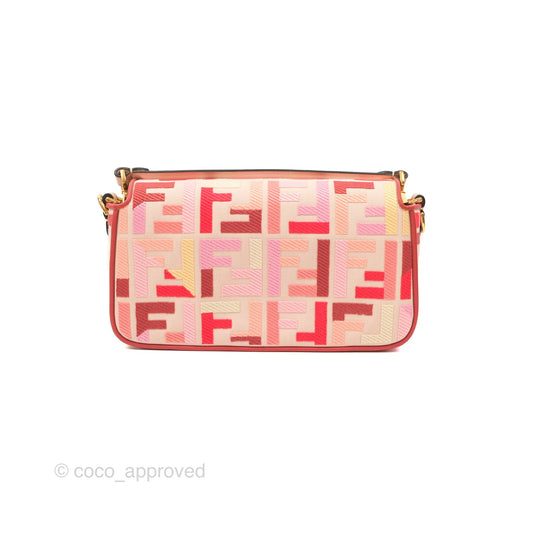 Fendi Medium Baguette Bag FF Embroidered Pink Canvas Gold Hardware