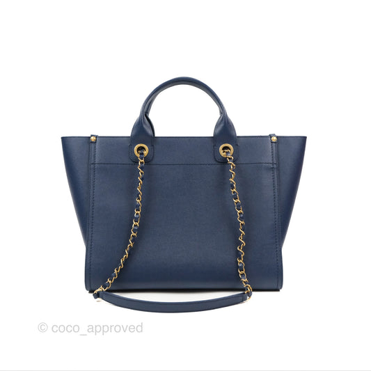 Chanel Small Studded Deauville Tote Navy Caviar Aged Gold Hardware