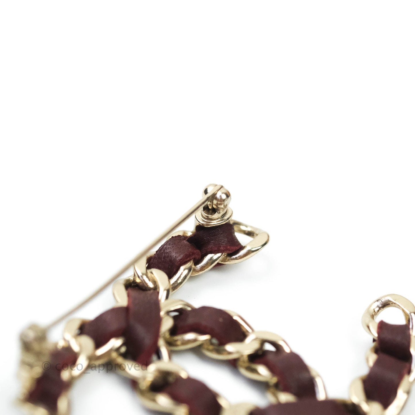 Chanel CC Braided Leather Burgundy Brooch Gold Tone 16B