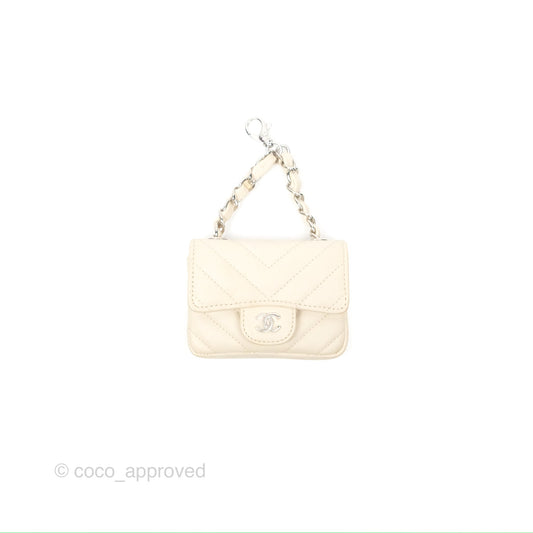 Chanel Mini Card Holder Chain Belt Bag Chevron Ivory Calfskin Silver Hardware