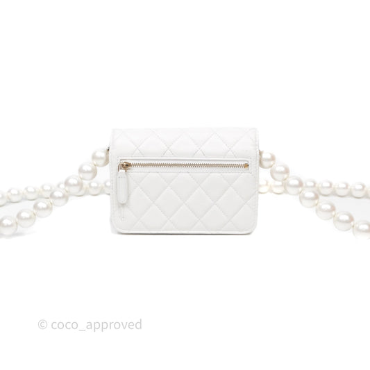 Chanel Mini Wallet On Large Pearl Chain WOC Quilted White Lambskin Gold Hardware