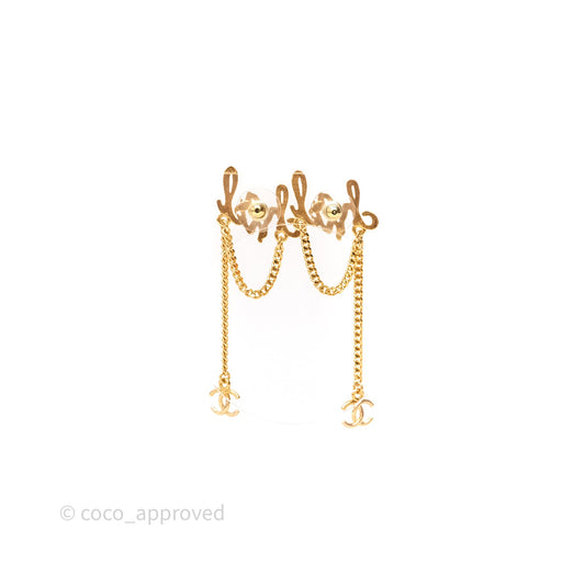 Chanel Metal Logo Drop Chain Earrings Gold Tone 24C