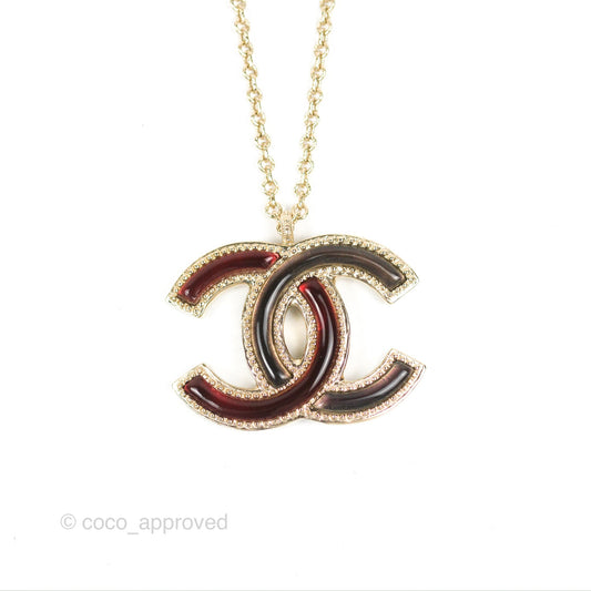 Chanel Large CC Necklace Burgundy/Grey Enamel Gold Tone 17A