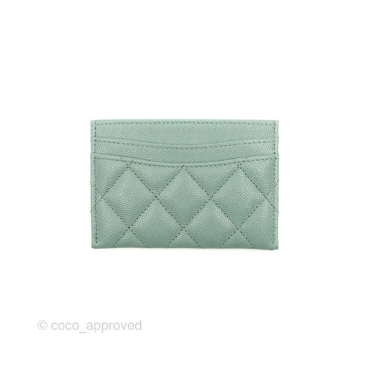 Chanel Classic Flat Card Holder Blue Tiffany Green Caviar Gold Hardware