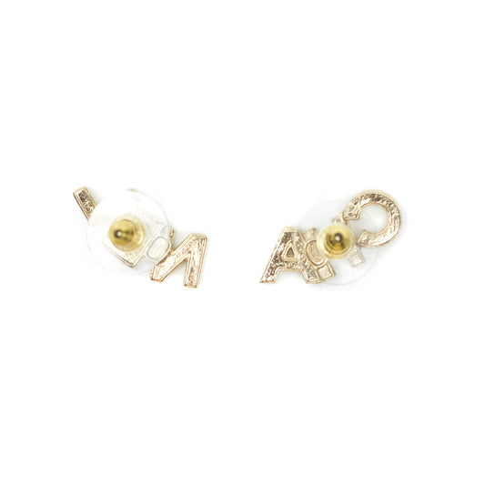 Chanel Crystal Pearl Signature Stud Earrings Gold Tone 21V