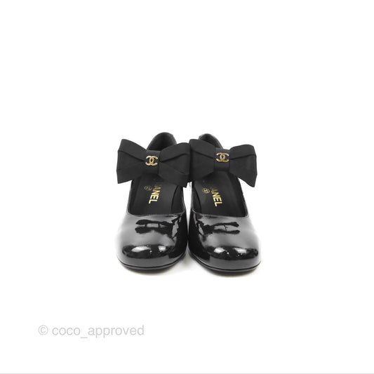 Chanel CC Ribbon Mary Jane Block Heels Black Patent 24C