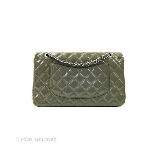 Chanel Classic M/L Medium Double Flap Olive Green Patent Silver Hardware