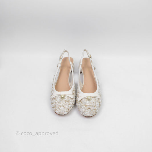 Dior Ballet Slingback Pump White Cannage Tweed Gold-Tone Metallic Thread