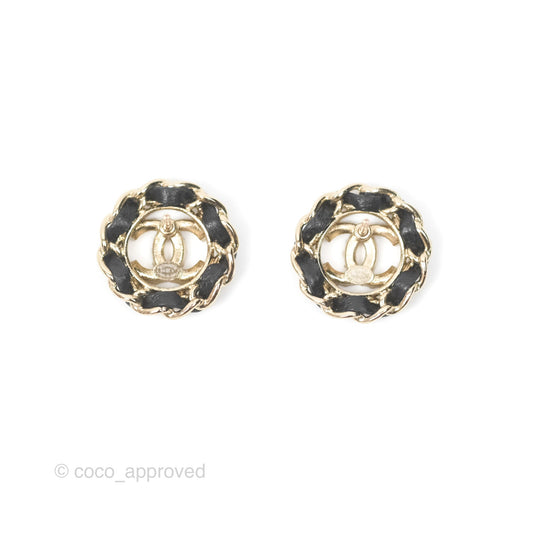 Chanel CC Crystal Woven Chain Black Round Earrings Gold Tone 24V