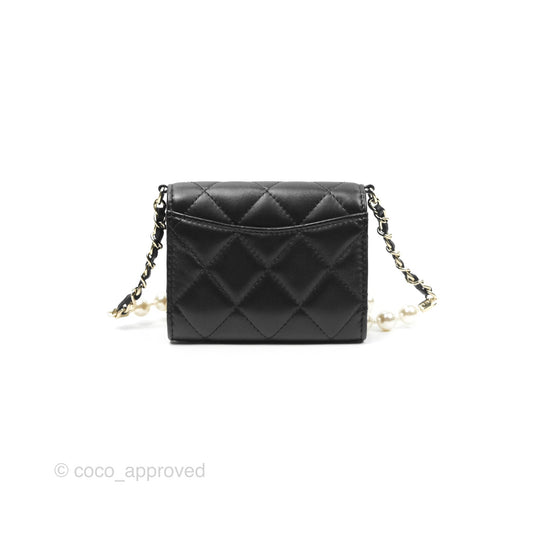 Chanel Mini Clutch With Pearl Chain Black Lambskin Gold Hardware